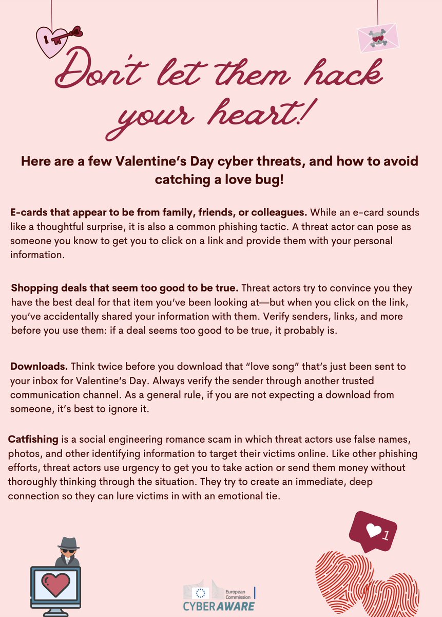 CyberSecMonth's tweet photo. Valentine's Day is here and if you're still in a state of confusion, don't worry: our friends at @EU_DIGIT have prepared a series of tips to beat the cyber cheats for a happy Valentine's Day.. Don't miss them!

#CyberSecMonth
#ValentinesDay https://t.co/1drInzNevx