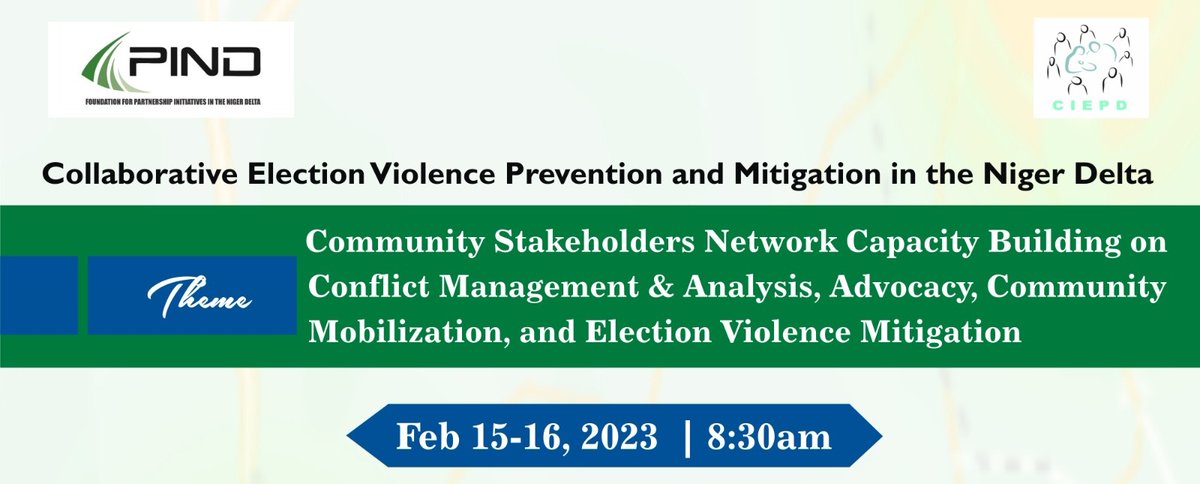 CIEPD in collaboration with @PINDFoundation will be having a Community Stakeholders Network Capacity Building on Conflict Management & Analysis, Advocacy, Community Mobilization, and Election Violence Mitigation on 14-15 Feb 2023.
@CSORoundtable @EUinNigeria @tmgng @egondue