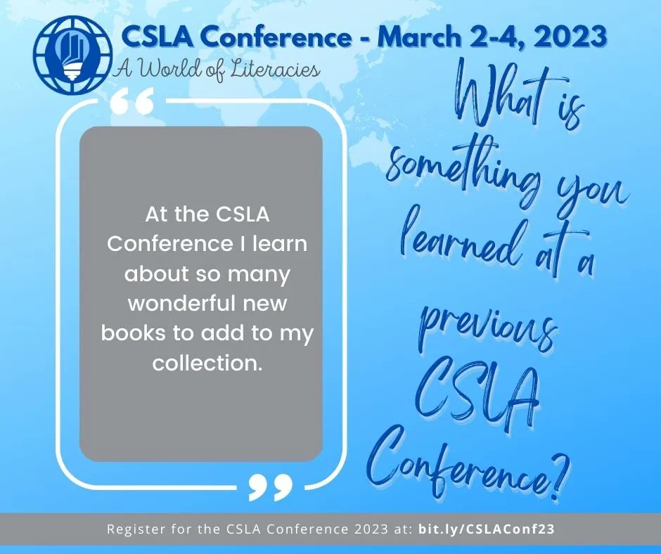 4csla's tweet image. There are so many sessions and workshops at this year&apos;s #CSLAConference.
Learning about new books to share with your students is just one of the many opportunities at the conference!
Register today at buff.ly/3LpPLBt
#4csla  #SchoolLibraries  #librarytwitter