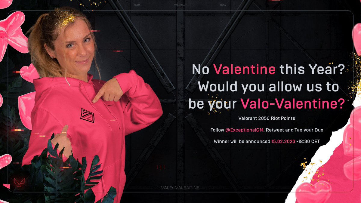 Exceptional Gaming (@exceptionalgm) on Twitter photo No #Valentine this year?
Would you allow us to be your Valo-Valentine?
WE ARE GIVING AWAY:
#VALORANT 2050 Riot Points
You need to:
Follow <a href="/ExceptionalGM/">Exceptional Gaming</a>
Retweet this tweet
Tag your Duo!
Giveaway ends by 15.02.2023 18:30 CET
We wish you good luck! 💘 No #Valentine this year?
Would you allow us to be your Valo-Valentine?
WE ARE GIVING AWAY:
#VALORANT 2050 Riot Points
You need to:
Follow <a href="/ExceptionalGM/">Exceptional Gaming</a>
Retweet this tweet
Tag your Duo!
Giveaway ends by 15.02.2023 18:30 CET
We wish you good luck! 💘