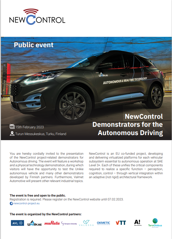 NewControl_eu's tweet photo. Hopefully, everybody interested in NewControl demonstrators had a chance to register for our public event, "NewControl demonstrators for the Autonomous driving"!
See you tomorrow in Turun Messukeskus, Turku, Finland! 
#autonomousdriving #technologies #publicevent #Mobility  #kdt https://t.co/N54U8PDOLY