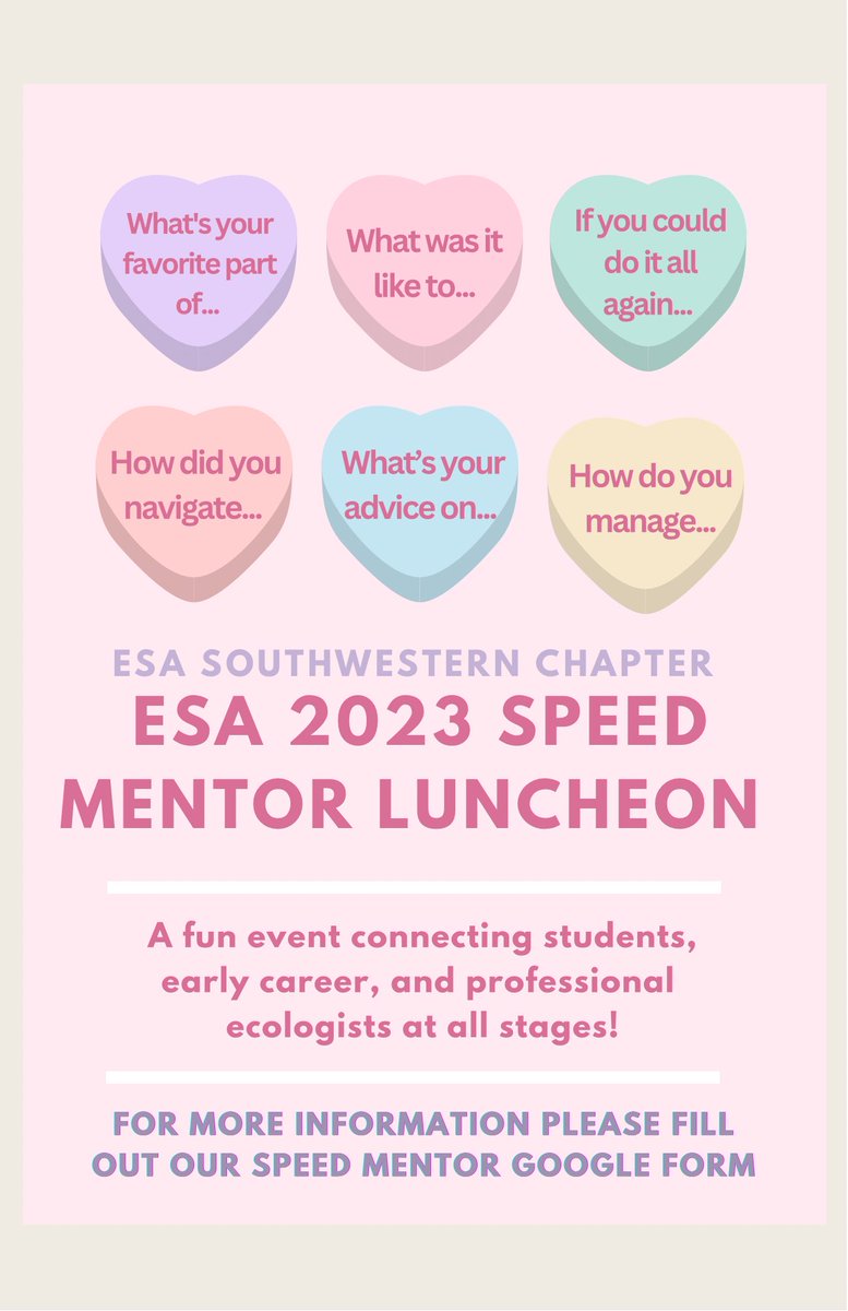Call for #ESA2023 speed mentors! 💝 Join us in ensuring that students and early career folks are lookin’ for *academic and career wisdom* in all the *right* places! For more information please sign up here: docs.google.com/forms/d/e/1FAI…