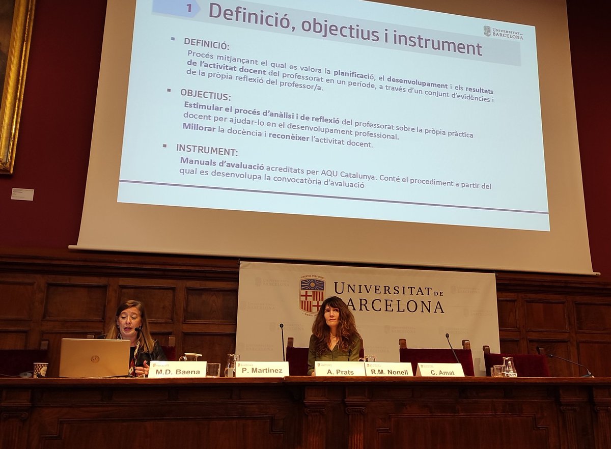 lmarzoak's tweet photo. Seguim la Jornada d'avaluació docent a la Universitat de Barcelona. M. Dolors Baena presenta la dimensió tècnica del procés. @UniBarcelona @idp_iceub https://t.co/YpanvsqJB0