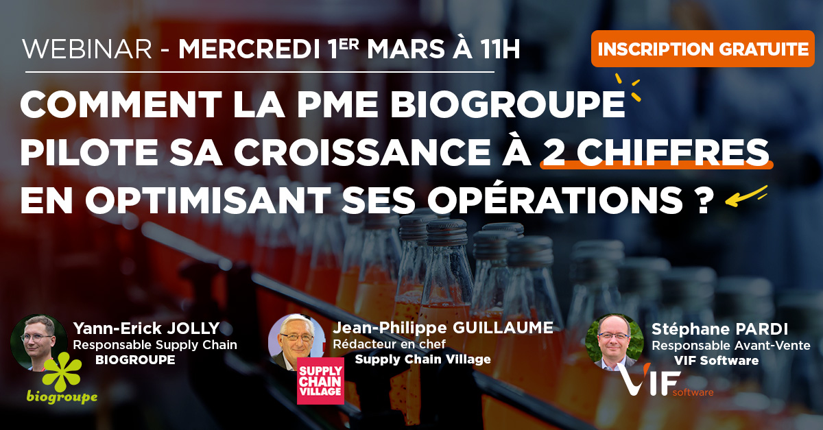 Mercredi 1er mars à 11h participez au webinar organisé par <a href="/VIF_software/">VIF</a> et découvrez, en direct, comment Biogroupe a mis en place une solution efficace pour optimiser ses opérations.
S'inscrire👉bit.ly/3HZg9AS
 #supplychain #logistique #planning #previsions