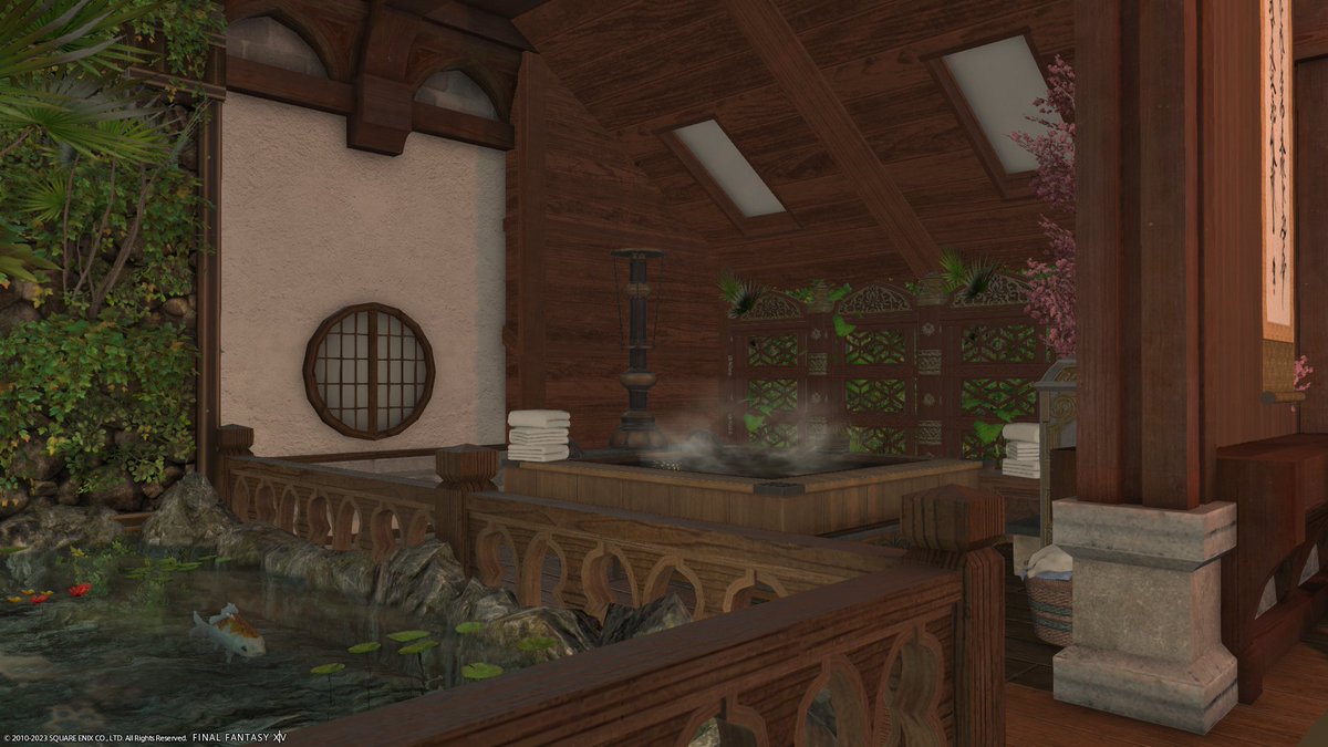 Raehne's tweet photo. Theme: Cozy, Teahouse, Sanctuary
Estate Name: Greytail Retreat
Estate Owner: Raehne Corindale
Estate Location: Aether, Midgardsormr, Empyreum, ward 23 plot 56
Comment: My little cozy mountain retreat. I wanted to make a calm &amp; comfy atmosphere to relax (and craft!)

#FFXIVHousing https://t.co/1mQAiIjVMZ