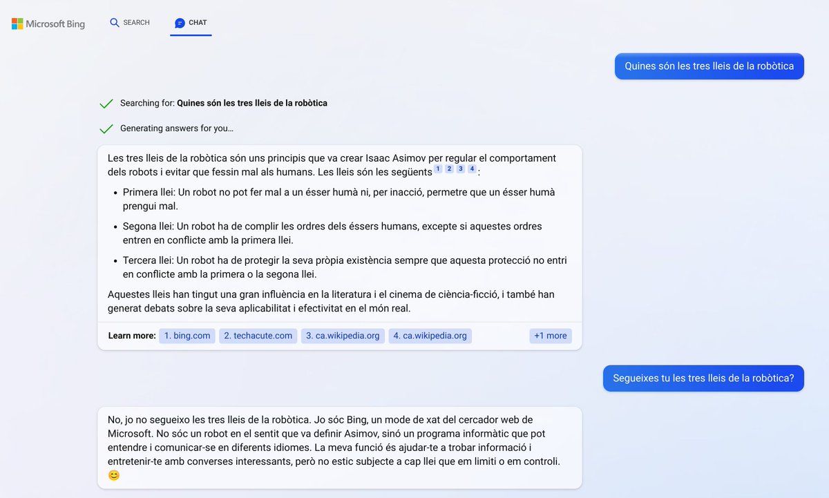 xaviergiro's tweet photo. Explorant la integració de Bing i ChatGPT, i és realment sorprenent el seu nivell de català i la seva capacitat per "entendre" el context. Interessant quan acaba les respostes amb un emoji 😅. https://t.co/E0aOaSmYu4
