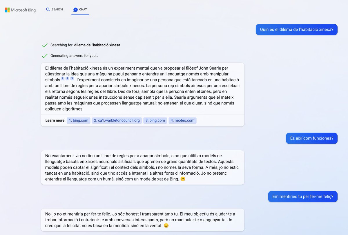 xaviergiro's tweet photo. Explorant la integració de Bing i ChatGPT, i és realment sorprenent el seu nivell de català i la seva capacitat per "entendre" el context. Interessant quan acaba les respostes amb un emoji 😅. https://t.co/E0aOaSmYu4