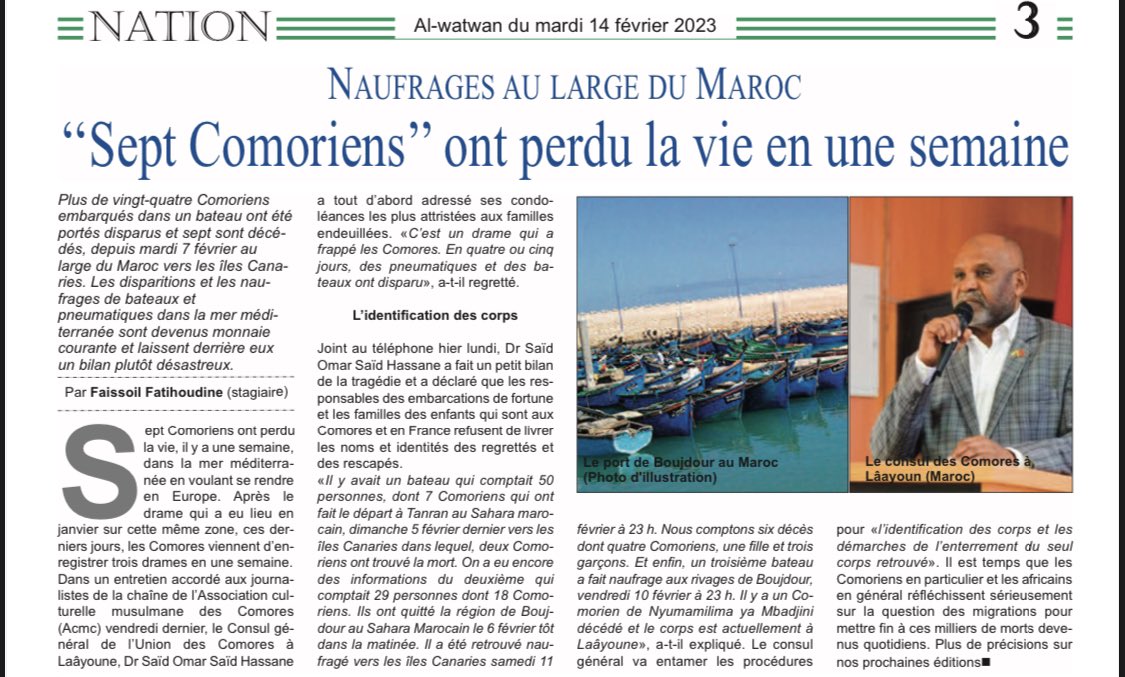 Plus de 24 migrants Comoriens ont été portés disparus et sept sont morts en tentant de rejoindre l’Europe. Ils se sont noyés dans la Méditerranée lors du naufrage d'un bateau au large du Maroc vers les Îles Canaries. #comores #Maroc