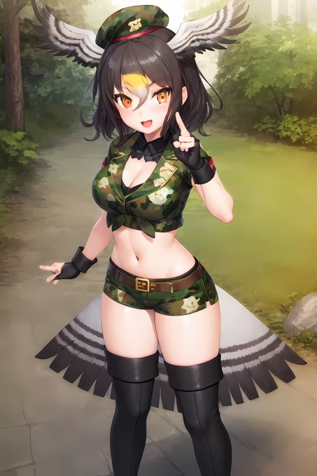 続いて、オオタカのミリタリー服姿を作ってみました。 学習する時、既存の服装とミリタリー服装を集めて学習しましたが、混ざらず別々によく着せてあって不思議でした🕊🪖

#けものフレンズ
#stablediffusion 
#AIイラスト 