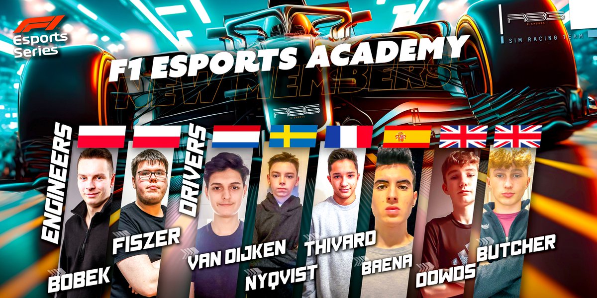 🏁R8G F1 ACADEMY NEW MEMBERS🏁 
➡️ Alfie Butcher
🇬🇧15 yo
➡️ Cameron Dowds
🇬🇧 13 yo
➡️ Iker Baena
🇪🇸 18 yo
➡️ Xander van Dijken
🇳🇱 19 yo
➡️ Valentin Thivard
🇫🇷 16 yo
➡️ Vincent Nyqvist 
🇸🇪 13 yo
➡️ Sebastian Bobek
🇵🇱 22 yo
➡️ Pawel Fiszer
🇵🇱 20 yo