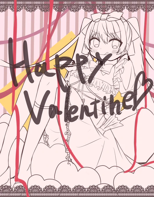 バレンタインイラストラフここまでできました〜!あとは軽く線画と色塗りを明日にでも… 