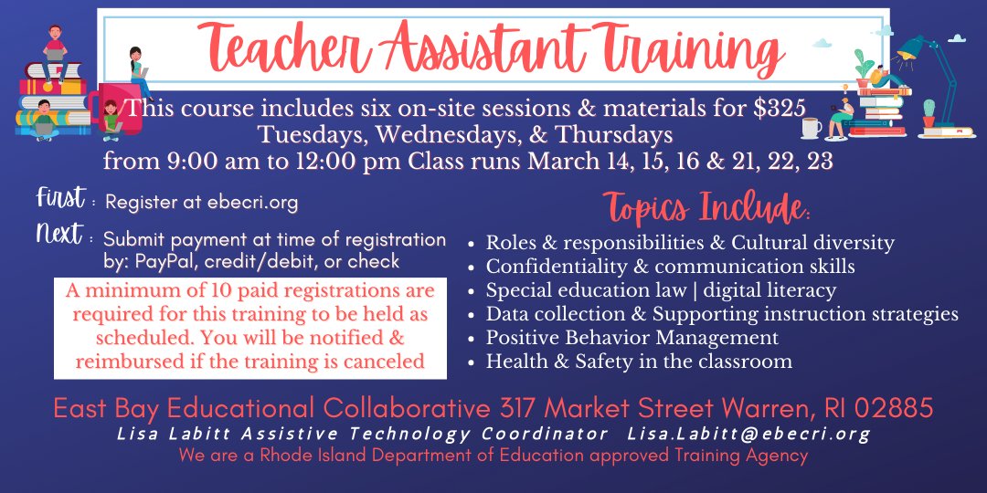 ATTN! #teacherassistants #paraprofessionals  Register now: ebecri.libcal.com/event/10208122 #teacherassistant 
<a href="/BWRSD/">Bristol Warren Regional School District</a>
 
<a href="/psd_ri/">Portsmouth Schools</a>
  
<a href="/tivertonschools/">Tiverton Public Schools</a>
  
<a href="/WeareMiddletown/">Middletown Public Schools</a>
 
@BarringtonPS
 
<a href="/pvdschools/">Providence Public Schools</a>
 
<a href="/npschoolsri/">npschoolsri</a>