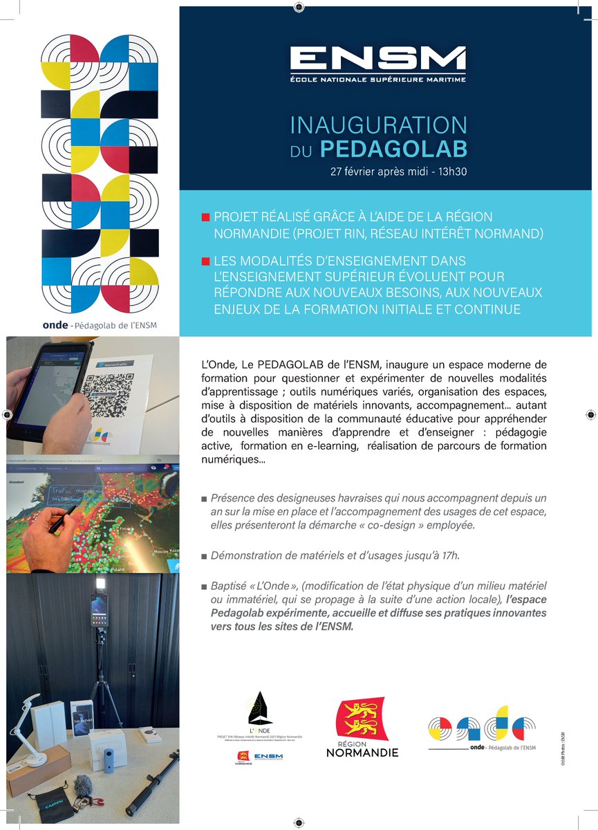 FredDupontLH's tweet photo. #savethedate 27 Février
Invitation à l'Inauguration du #Pedagolab de @ENSM
✅dès 13h30, présentation, démonstrations, partage ...
Un espace modulaire, connecté et interactif pour des pratiques de pédagogie active.
#ONDE avec le soutien de @RegionNormandie
@insiparlait https://t.co/otDeG9r1yX
