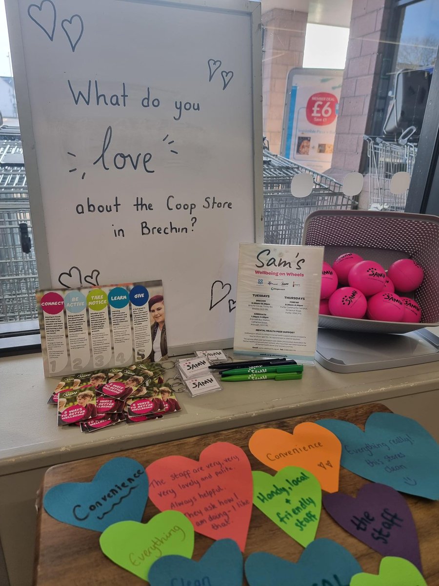 Our Wellbeing On Wheels staff are celebrating Valentine's Day in Brechin with <a href="/coop_kathy/">Kathy Coop Member Pioneer Brechin</a> and are asking the community what they love about their Co-op store 💗 Spot our WoW bus out in the Co-op carpark offering 1-2-1 wellbeing support as well! <a href="/SAMHtweets/">SAMH</a>