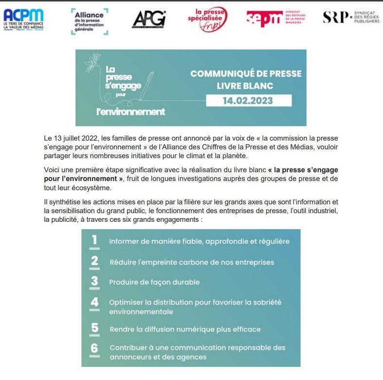 Publication du livre blanc "la #presse s'engage pour l'#environnement", accessible ici urlz.fr/kNl2
Communiqué de presse : urlz.fr/kNle