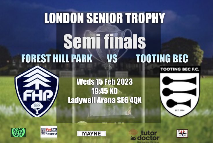 🌳⚽️NEXT GAME 2MRW⚽️🌳

🏆London Cup Semi Final🏆

SE vs SW London!

We host <a href="/SCEFLeague/">Presence & Co. SCEFL League</a> Tooting Bec!Support most welcome!

Big game!

📆15 Feb 23
🕒19:45KO
🆚<a href="/TootingBecFC/">Tooting Bec FC</a> 
🏟📌Ladywell Arena SE6 4QX
🏆<a href="/LondonFA/">London Football</a> Cup
🍺🌭Refreshments 
#NonLeague #Foresthill #Catford #Lewisham