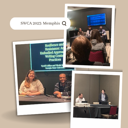 GSUWriting's tweet photo. Photos from #SWCA2023 presentations last #weekend! Five of our tutors and admins presented at @swca_wc in Memphis and discussed the theme of "Navigating the Rivers of Change."
📖
💻
#writingcenter #GSU #GeorgiaStateUniversity #writing #reading #TheStateWay #WriteOnGSU https://t.co/Tg3tZ8GqbE