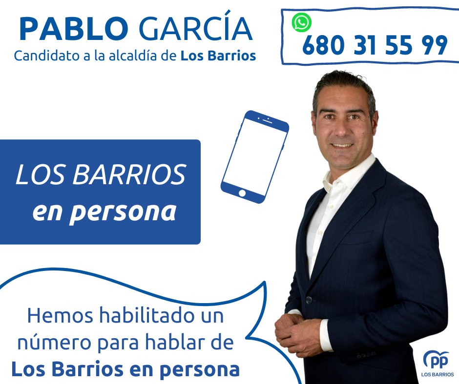 LosBarriosPP's tweet photo. 🔰#LosBarriosENPERSONA 🫱🏻‍🫲🏼

👋🏼Hola, soy @PGS1PP, candidato a la Alcaldía de Los Barrios.

📲Hemos habilitado un 📲 para todo el que quiera hablar conmigo en persona y desee trasladarme las propuestas, necesidades y carencias de #LosBarrios

#PabloGarcíaEnPersona https://t.co/YpJR3FJIpV