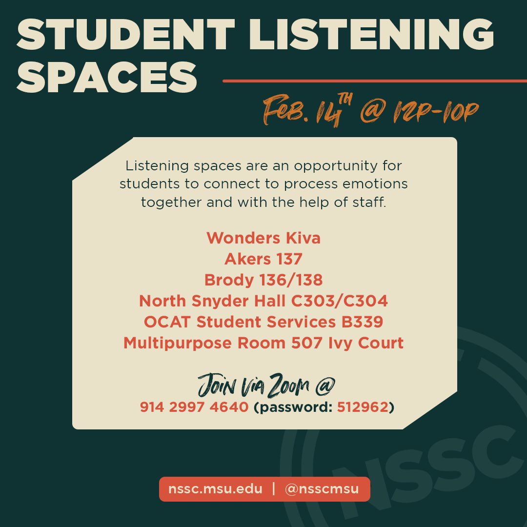 nsscmsu's tweet photo. Listening spaces are an opportunity for students to connect to process their emotions together and with the help of staff. 

Join a space today starting at 12p -10p 💚

#SpartanStrong https://t.co/3RR5zOEllL