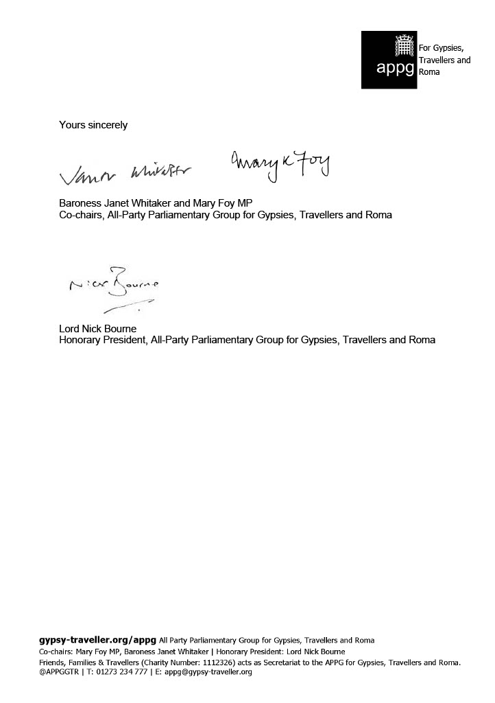Baroness Janet Whitaker, <a href="/marykfoy/">Mary Kelly Foy MP</a> and <a href="/lordnickbourne/">Lord Nick Bourne</a>, Co-chairs and Honorary President of the APPG, have written to DHLUC Ministers in order to address ongoing concerns about the inequalities experienced by Gypsies, Roma and Travellers.