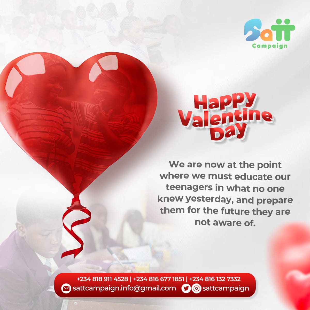 sattcampaign's tweet photo. Showing love is not necessarily only to your loved ones. Be Kind, Be Nice to everyone around you. Show a teen love today. Happy Valentine's day❤️❤️❤️.
#saveateentoday
#valentineday https://t.co/4KNxvTx85c