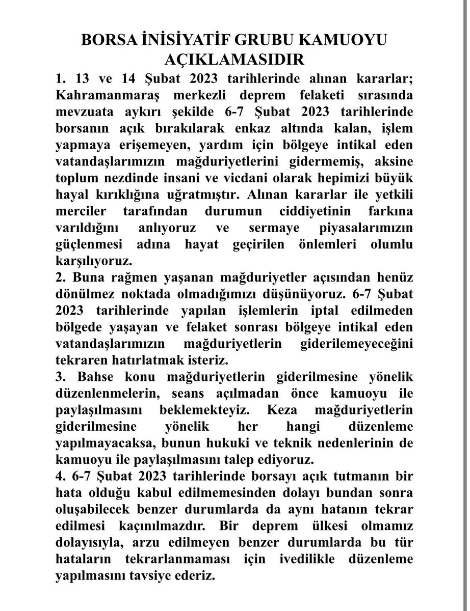 BORSA İNİSİYATİF GRUBU KAMUOYU İKİNCİ AÇIKLAMASI

#Borsadaislemlerİptaledilsin 
#Depremzedelerborsadamagdurolmasın
#haklarkorunmalı 
#magduriyetlergiderilsin