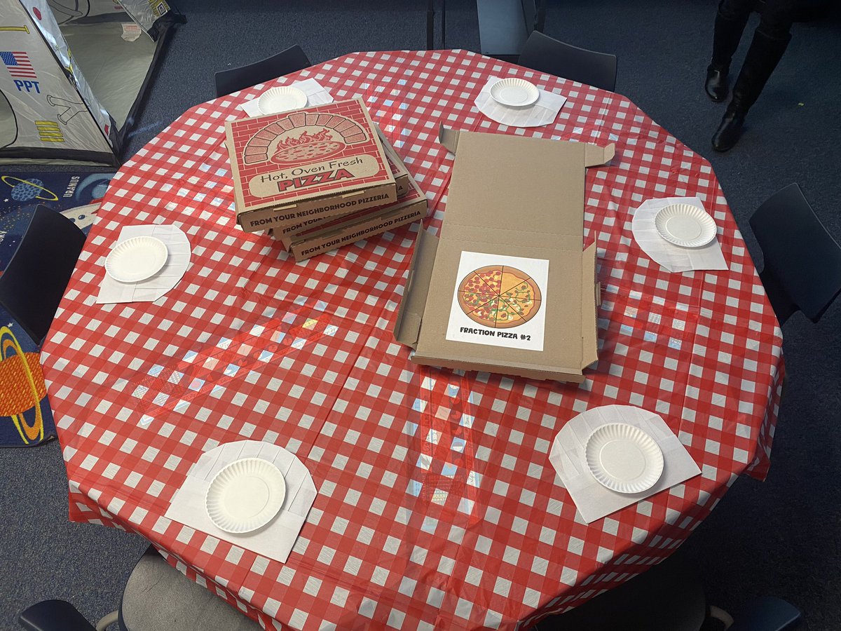 m_brosman's tweet photo. A 3rd grade classroom transformed their space into a Fraction Pizzeria ๐today! These #dpcomets are having quite the experience today while practicing their fraction skills! #tlap https://t.co/arj6TOKVTW