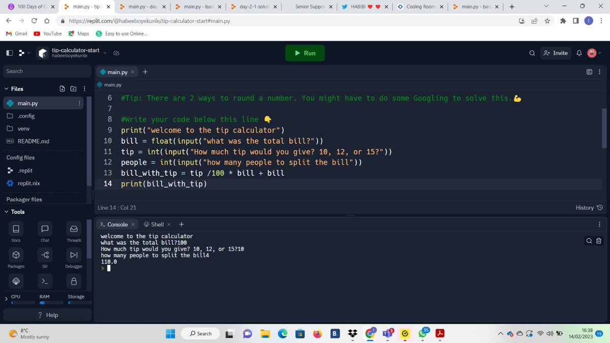 ijebubouy's tweet photo. Day 2 Done. #100daysofcodechallenge #100daysofcode #pythonprogramming #python
After today’s project( Tip calculator) which stretched my knowledge of Mathematics a bit, I was a able to combine #intergers ,#float ,#Boolean together with the help #Fstring Tome is another day📈📈 https://t.co/HfU7MNNq1E