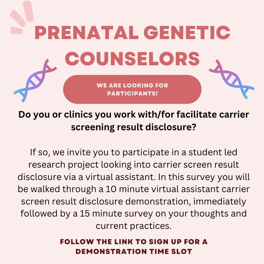 Cassie Buck (@gc_cassie) on Twitter photo Prenatal GCs, we need you! One week left to help my
<a href="/BrandeisGCprog/">Brandeis GC Program</a> student with her research. Sign up to watch the demo and take the survey here: tinyurl.com/GCvirtualassis…
#genechat #geneticcounselor #prenatalGCs
<a href="/NSGCPrenatalSIG/">Prenatal SIG</a> Prenatal GCs, we need you! One week left to help my
<a href="/BrandeisGCprog/">Brandeis GC Program</a> student with her research. Sign up to watch the demo and take the survey here: tinyurl.com/GCvirtualassis…
#genechat #geneticcounselor #prenatalGCs
<a href="/NSGCPrenatalSIG/">Prenatal SIG</a>