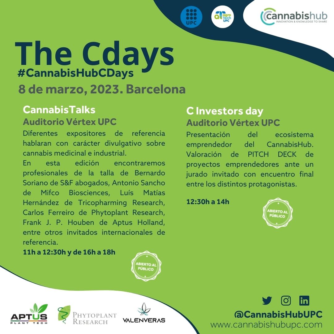 🌱Los días 7 y 8 de Marzo de 2023 tienes una cita con la innovación!
Una vez más, nos ilusiona invitarte a nuestras jornadas para el impulso del conocimiento y la innovación en torno a la planta del cannabis!
#cannabishubupc #cdays #innovacion #cannabistalks #cinvestorday