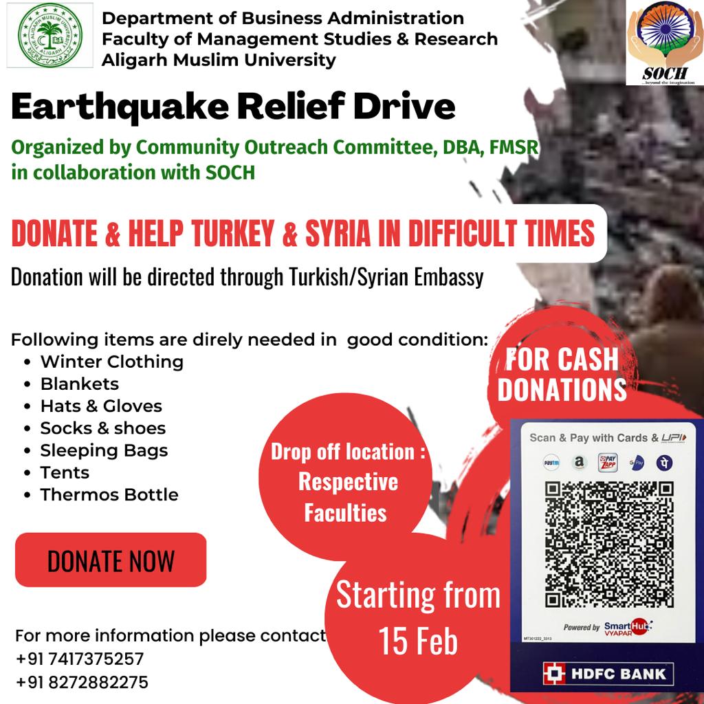 fmsramu's tweet photo. Community Outreach Committee of the Department of Business Administration is organising an “Earthquake Relief Drive” for the people of Turkey and Syria. 

We seek the support of all in this endeavour. Please donate and spread the message. https://t.co/Nmyiu7dRJQ