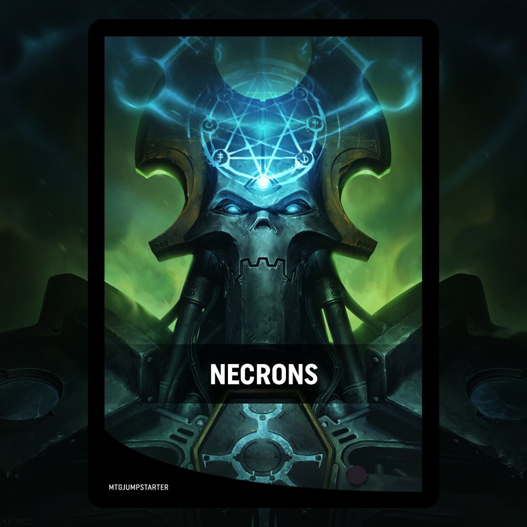 mtgjumpstarter's tweet photo. Here’s my Necrons Jumpstart pack! Graveyard recursion with artifact subthemes in monoblack. All the cards come from the Necron Dynasties deck and you can build the whole thing for less than $8. It’s worth the 60 million year wait. #MagicTheGathering #MTGJumpstart #Warhammer40k https://t.co/E4P4aBjn6q