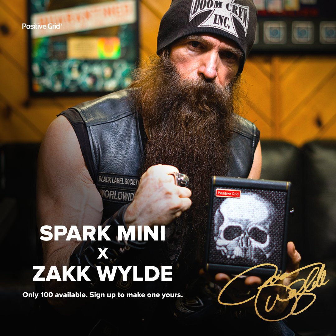 SPARK MINI O’ DOOM. Harness the merciless tone of @ZakkWyldeBLS with this limited edition #SparkMINI smart amp. Only 100 made. Featuring a BLS 'Skully' logo grille, each is hand signed & numbered by the legend himself. Sign up for a chance to purchase: bit.ly/3YwzsIJ
