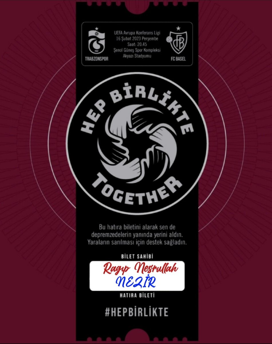 Rahmet-i Rahmana kavuşan kardeşim Ragıp NeSrullah Nezİr hayrına, geliri depremzede kardeşlerimize bağışlanacak hatıra biletimiz.
ALLAH (c.c) depremde vefat eden kardeşlerimize rahmet, yaralılara şifa ve geride kalanlara sabırlar ihsan eylesin.
Sizleri de bu hayra davet ediyorum.