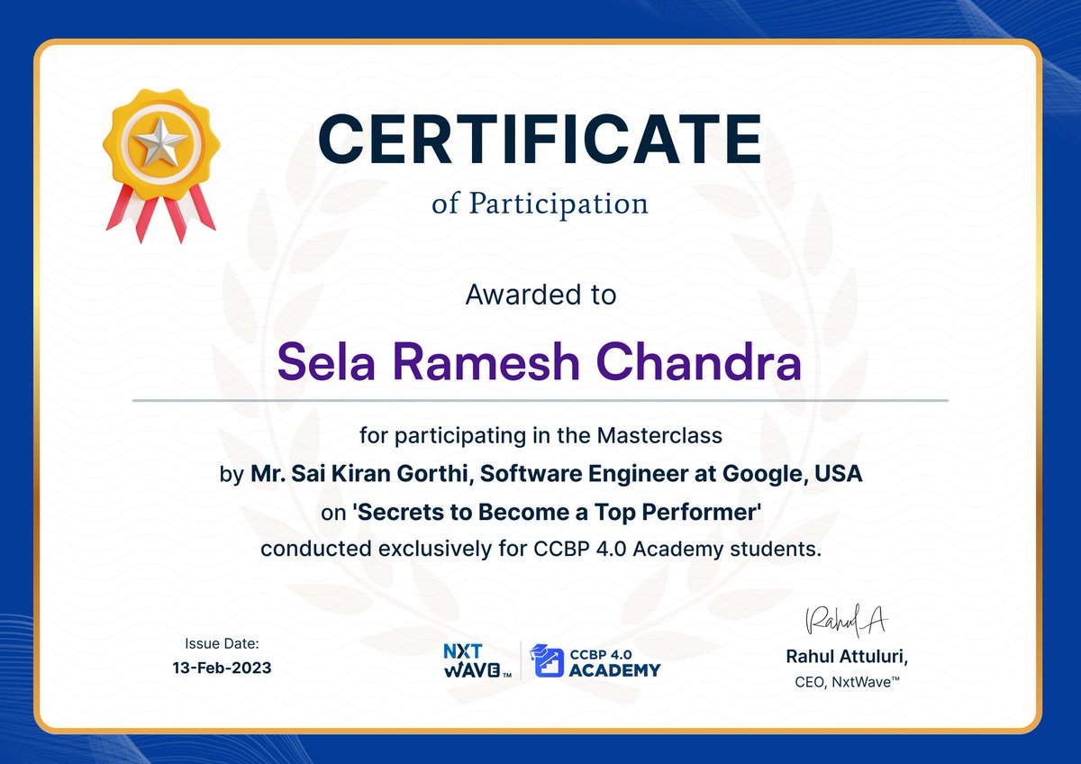 SRamesh1922's tweet photo. Hii Everyone :):):)
I got my certificate for participating in the Mr.Sai Kiran Gorthi sir's masterclass.......

@rahulattuluri @sashankreddy07 @girishakash13 @anupampedarla #Python #nxtwave #nxtwaveccbp  #ccbp4.0 #nxtwaveteam https://t.co/BpMZclwTI8