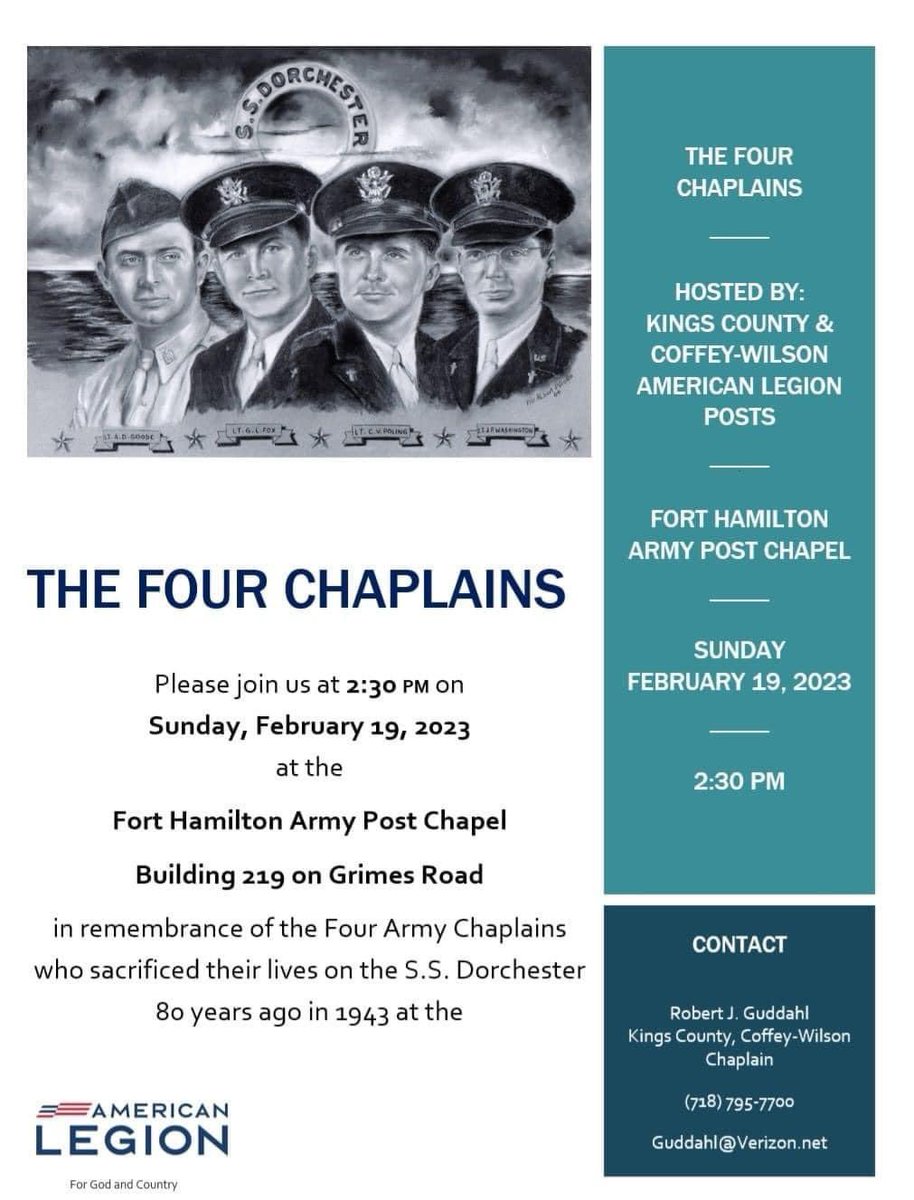 NYMetroVets's tweet image. This event will take place at #FortHamilton’s Post Chapel this Sunday, February 19th at 2:30 PM. #Brooklyn #FourChaplains cc: @AmericanLegion