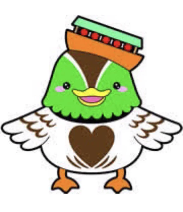 Kamoyan, a mallard with a miniature houseboat on his head, is the mascot for Katayamazu Hot Springs Resort. 