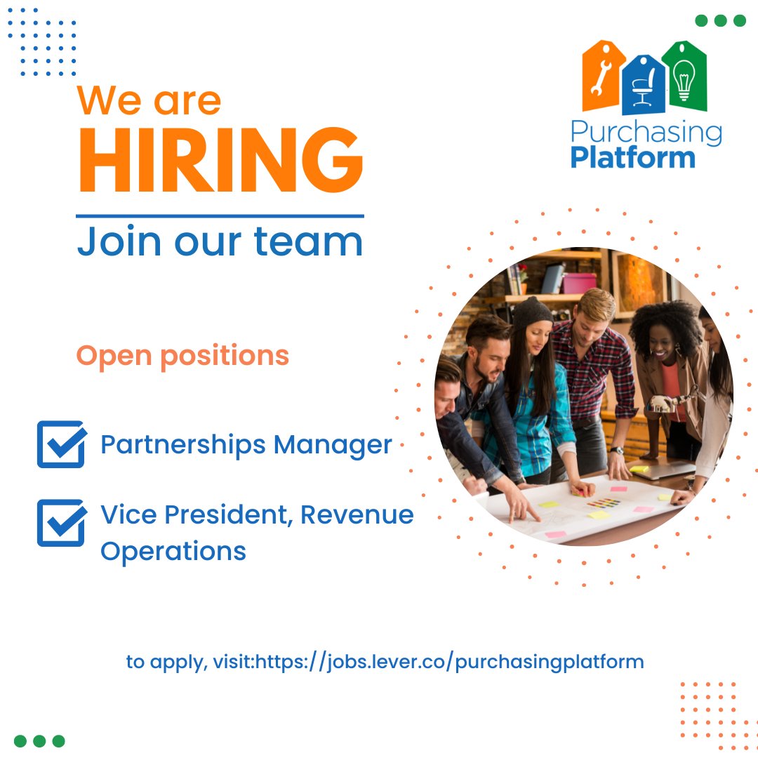 PurchasingPlat's tweet photo. Our team is growing! 🙌🏼 🙌🏽 🙌🏾

See a role that may be the right fit? We encourage you to apply!

Take a look at our open roles here: https://t.co/ruRoLw9kao

#jobpostings #proptech #proptechstartup #werehiring #techjobs https://t.co/vRKGJzo68M