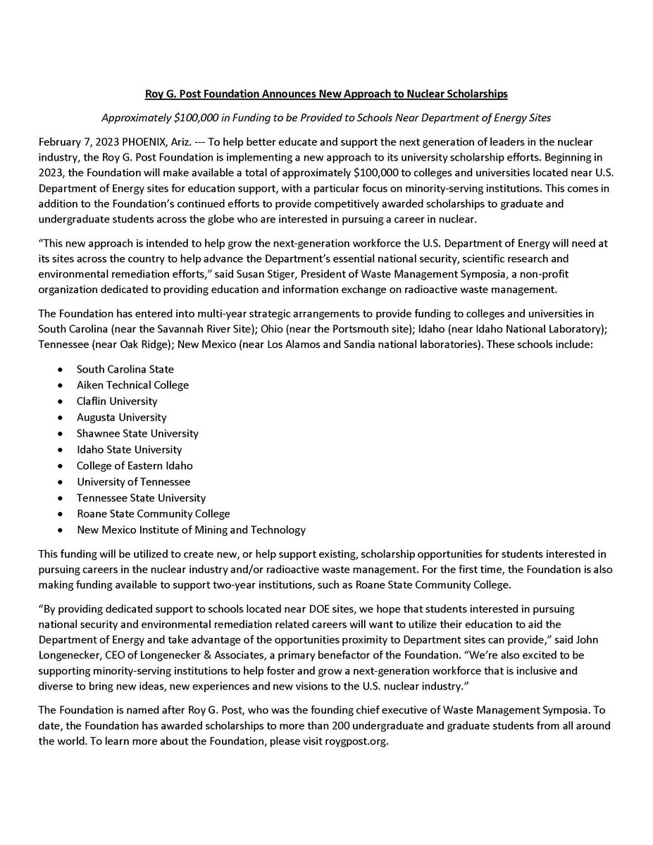 Press Release: Roy G. Post Foundation Announces New Approach To Nuclear Scholarships. Approximately $100,000 in Funding to be Provided to Schools Near Department of Energy Sites! Read more at ow.ly/xeY050MS6QB

#nuclear #scholarships #RoyGPostFoundation