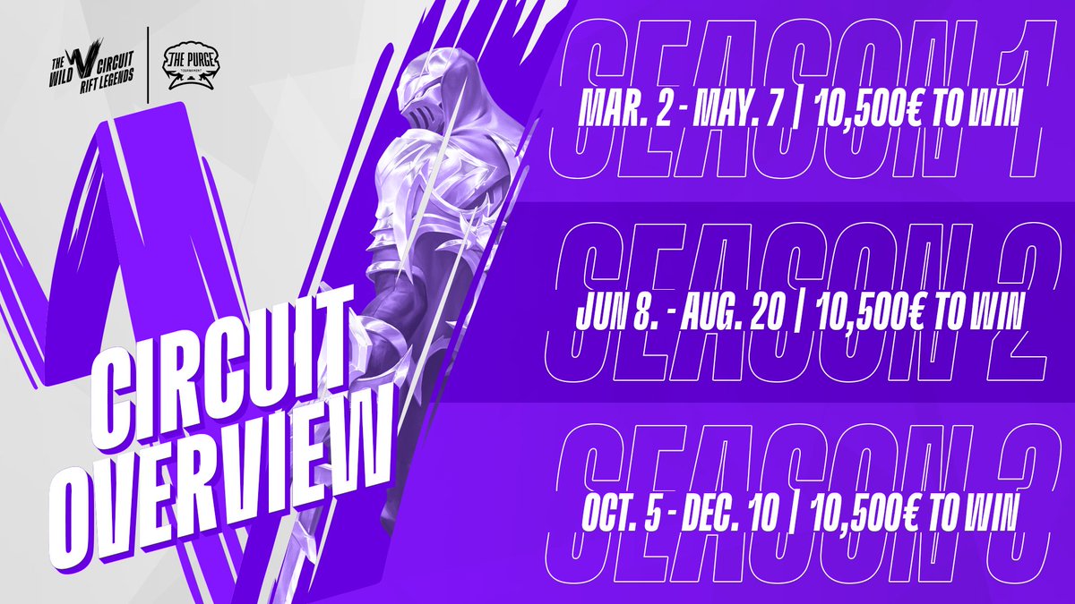 PurgeTournament's tweet photo. A look ahead at what's to come!

🌸 Season 1: May. 2 - 10 500€
🏖️ Season 2: Jun. 8 - 10 500€
❄️ Season 3: Oct. 5 - 10 500€

See you soon on the Rift... #WildRift https://t.co/mExmGbUT9k