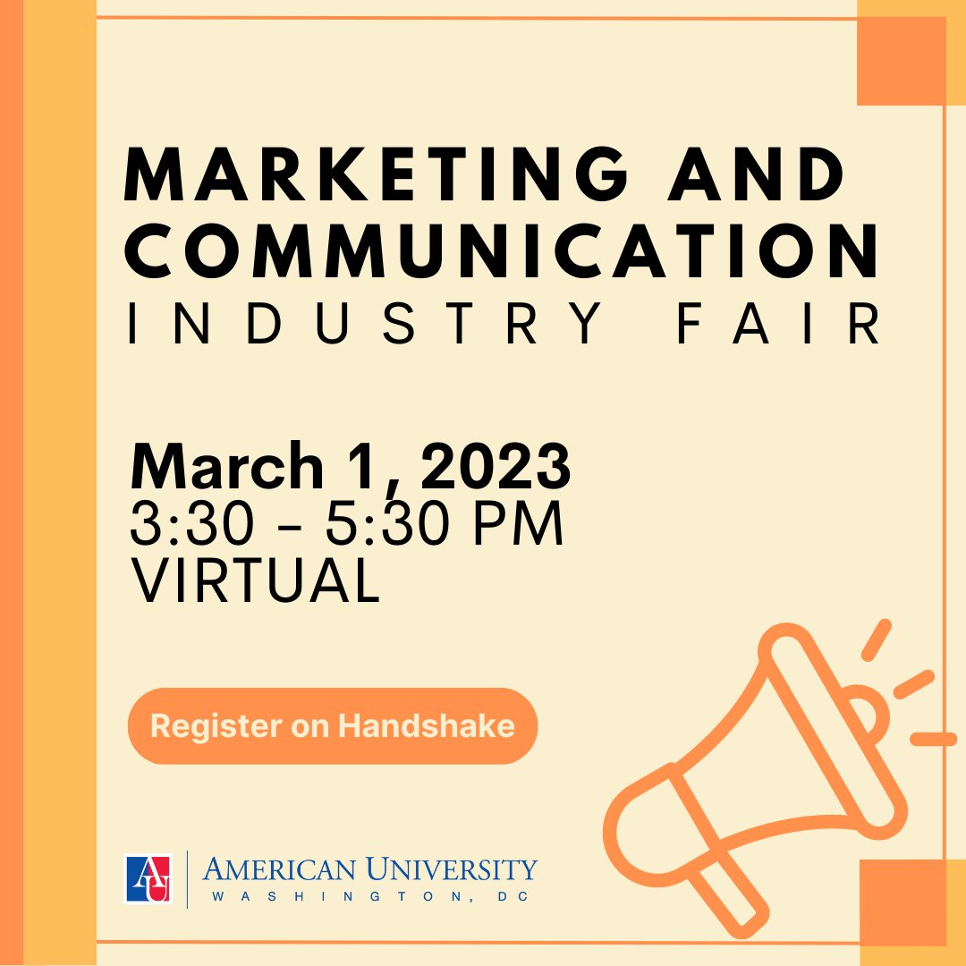 Join us for the virtual Marketing and Communication Industry Fair on Wednesday, March 1 from 3:30 - 5:30pm ET. Meet with employers seeking marketing and communication talent through group sessions and 1-on-1 conversations. Register on Handshake. @AUCareerCenter @KogodBiz