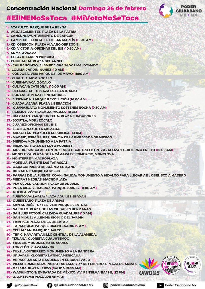 Ciudadanos sigamos en marcha📣 #ElINENoSeToca

Salgamos todo México a las calles a la concentración en defensa de nuestra democracia: #MiVotoNoSeToca

🗓️ 26 de Febrero
⏰ 11:00 am

Busca tu ciudad y ¡únete!
PoderCiudadano &amp; Unid@s