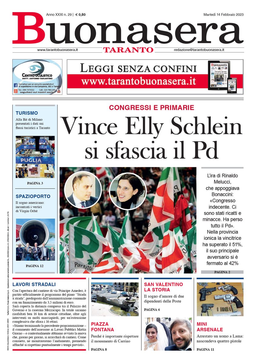 TaBuonaSera's tweet photo. 🔹️A #Taranto #Schlein batte @sbonaccini si sfascia il @pdnetwork @PdTaranto
🔸️L'ira di #Melucci
🔸️Necessario un lavoro di ascolto e partecipazione @MazzaranoM
🔸️ A Grottaglie lo spettro del commissariamento
🔹️ @museo_marta apre le porte...all'amore e al #Carnevale https://t.co/OhZcUPvS2u