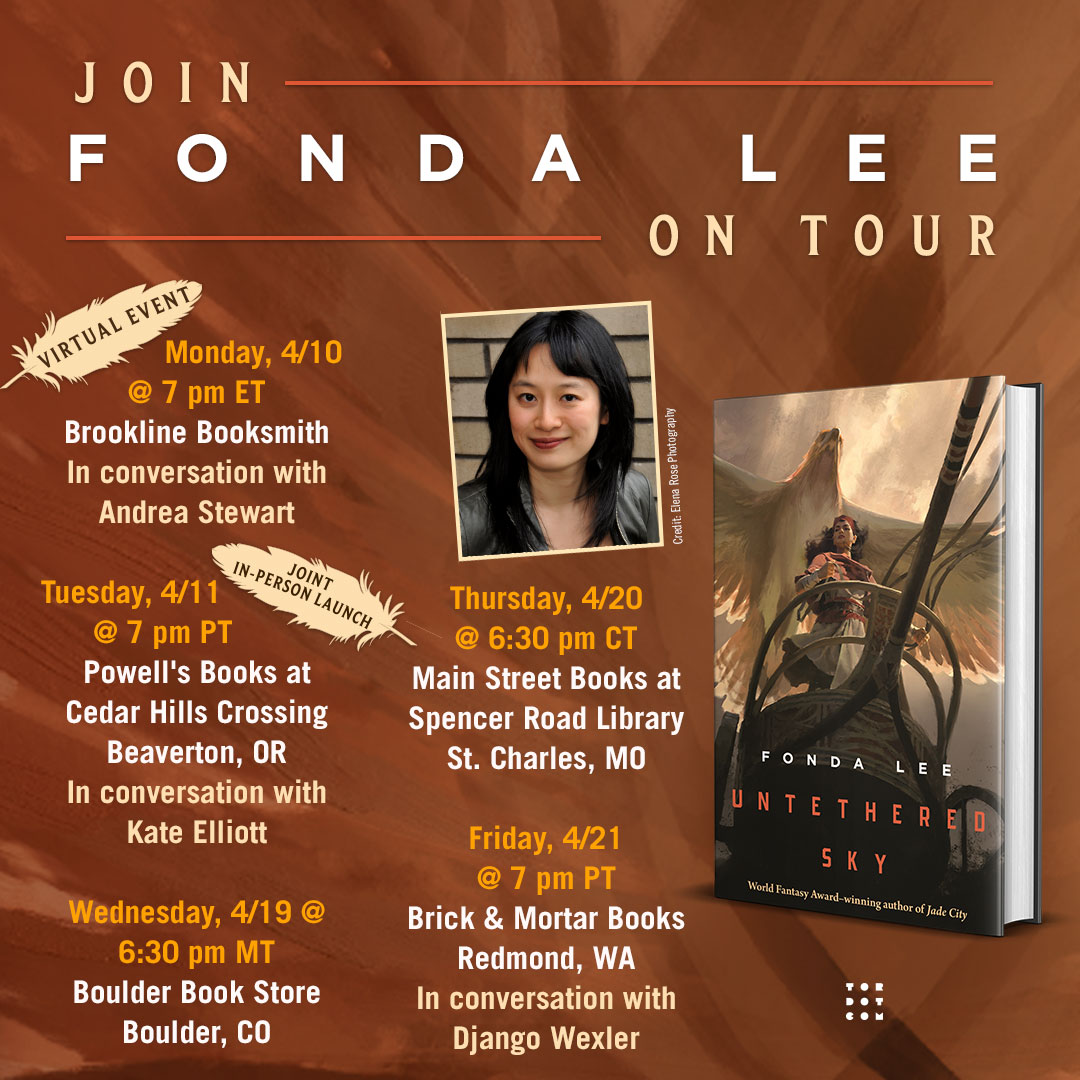 It's here: the book tour schedule for Untethered Sky! In April, I'll be making stops in OR, CO, MO, WA, and virtually in MA. I'll be joined by <a href="/AndreaGStewart/">Andrea Stewart *UPDATES ONLY*</a> @KateElliottSFF <a href="/DjangoWexler/">Django Wexler</a>. Excited to be going to bookstores I haven't visited yet. Hope to see you there!
