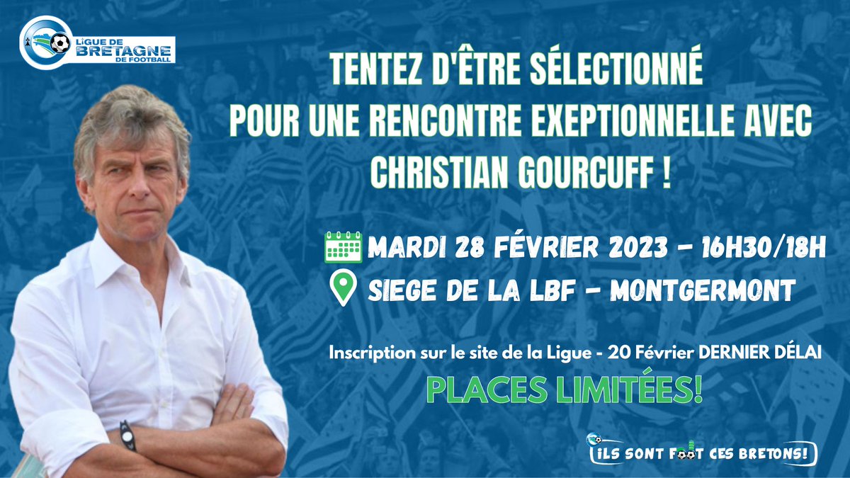 [EVENEMENT]
📣 Vous souhaitez rencontrer et échanger avec Christian Gourcuff ? C'est possible !
8️⃣ personnes seront tirées au sort parmi les inscriptions ! Alors ne tardez pas et inscrivez-vous sur : bit.ly/3jV1y1g

@KervellaYann1 <a href="/districtfoot56/">District de Football du Morbihan</a> <a href="/DistrictFoot35/">District 35</a>