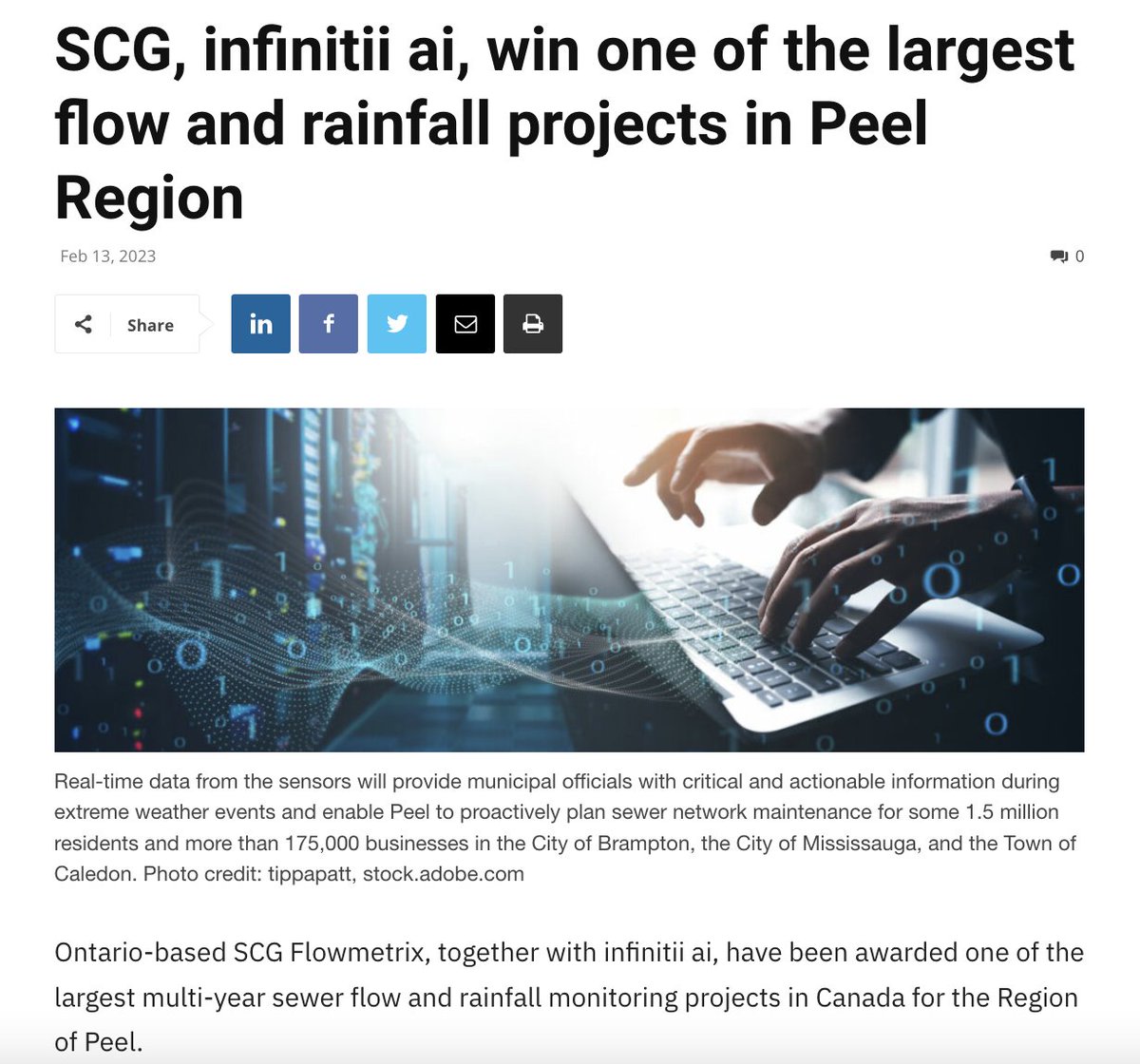 The editorial team @ESEMAG cover the @infinitiiai and #SCGFlowmetrix partner win for one of the largest #flow and #rainfall #data delivery projects in #Canada with @regionofpeel. 

$IAI.ca $CDTAF $7C5

#MachineLearning #ML #AI #digitalwater #SmartCity

esemag.com/wastewater/scg…