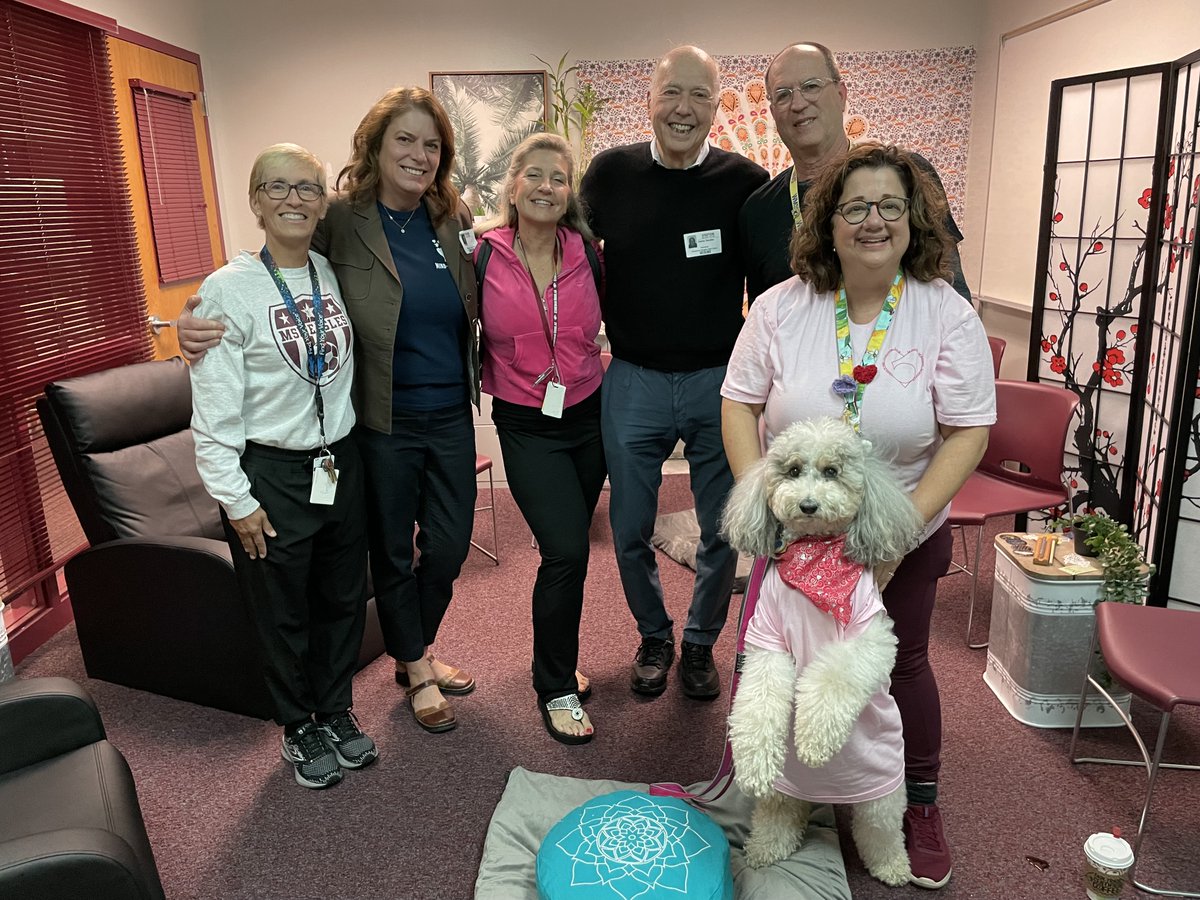 In The Zen Room at MSD Media Center, with some of our CMBM-MSD team (L to R): peer counseling teacher Laura Rountree, CMBM Clinical Director Lynda Richtsmeier Cyr, sp ed teacher Joanne Wallace, & on my left, Ray & Diana Hanesky, & River, a canine comfort to students & teachers.