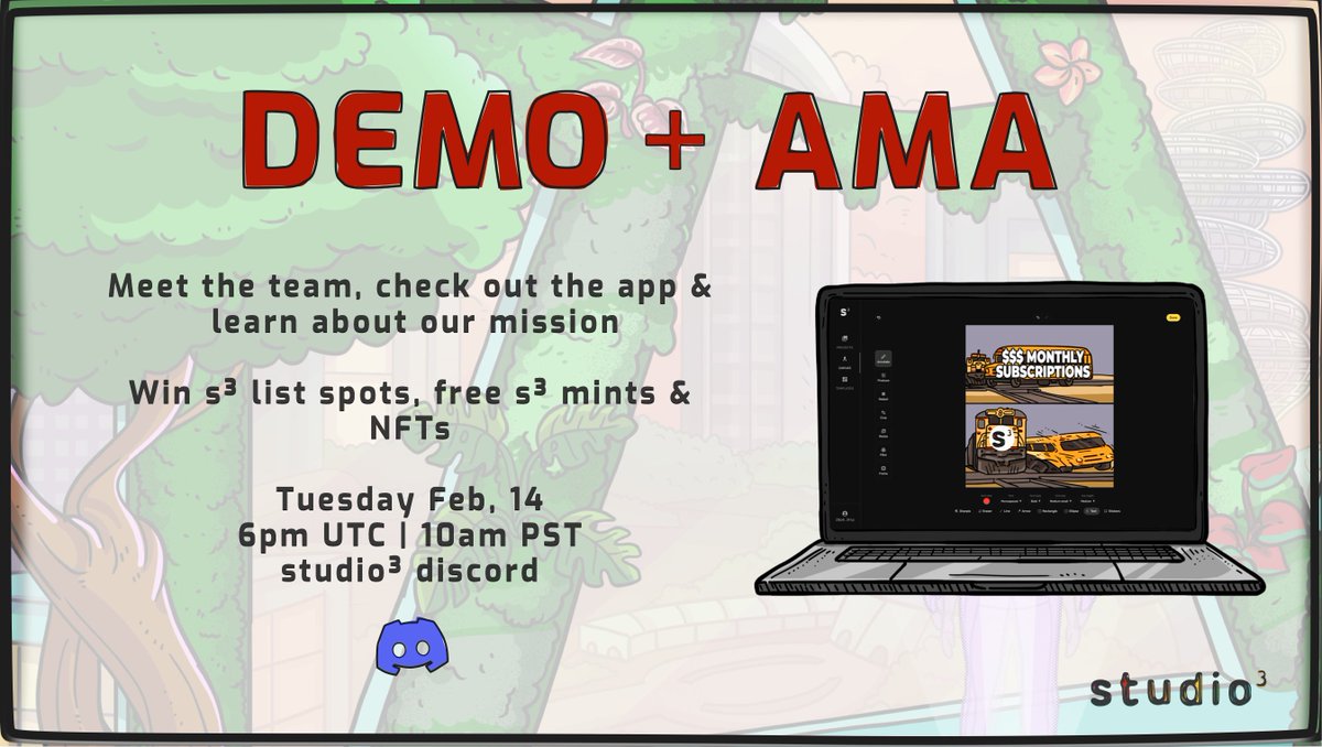 studio3_nft's tweet photo. GM Creators ☀️
Our AMA is in one hour!

Join our discord and come check out the app, learn about our mission and meet the team. 

We're giving away NFTs, mints and WL spots during the event so pull up! https://t.co/Z2knQTWNsM
