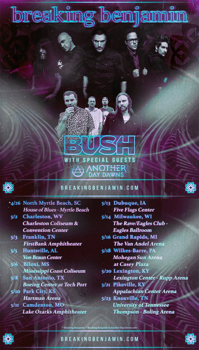 breakingbenj's tweet photo. We're proud to be heading out on a spring tour with our good friends @bushofficial &amp; special guest @an0therdaydawns 🤘🤘

🎴 FAN CLUB FIRST🎴 : TIX AND VIP ON SALE NOW! Get your code from your fan club account! 

Shows, tix, VIP package info and more —> https://t.co/J0CbUruMea https://t.co/JM3rkDF6nk
