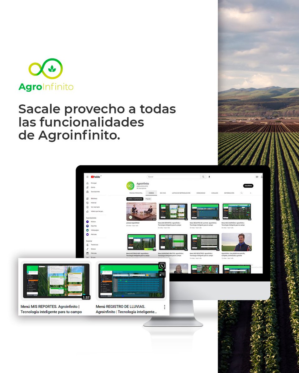 En nuestro canal de Youtube 🎥 podés encontrar tutoriales para cada uno de los menúes de la plataforma. ¡Sacá el máximo provecho de tu uso de Agroinfinito!🌿🌱

Miralos acá youtube.com/@agroinfinito5…

#tutoriales #Youtube #youtubevideo #youtubechannel